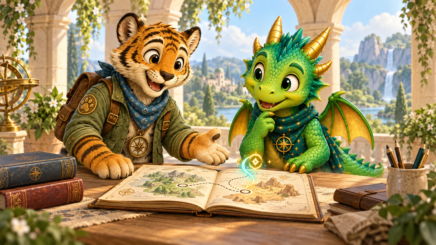 Tully Tiger and Dazlo Dragon plan a learning adventure together