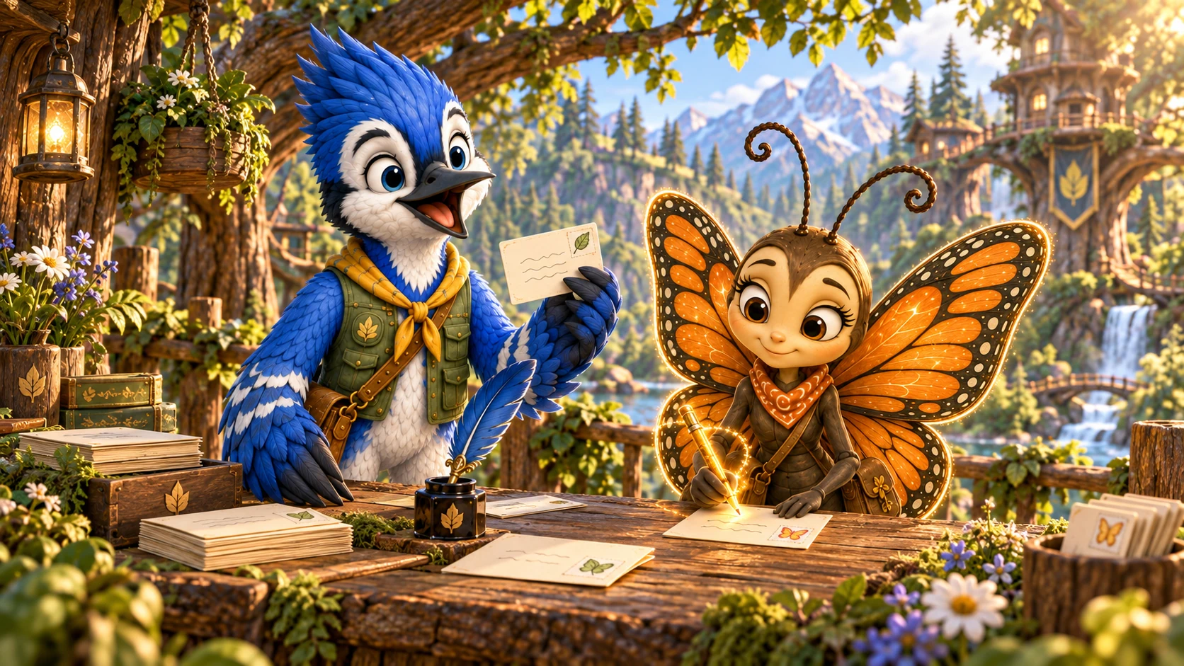 Jonas Jay and Bree Butterfly write welcoming notes at a forest message desk