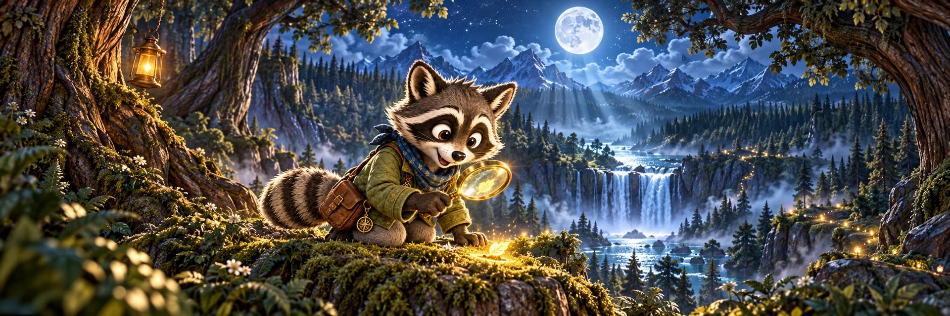 Rizzy Raccoon investigates a moonlit forest trail with his magnifying glass