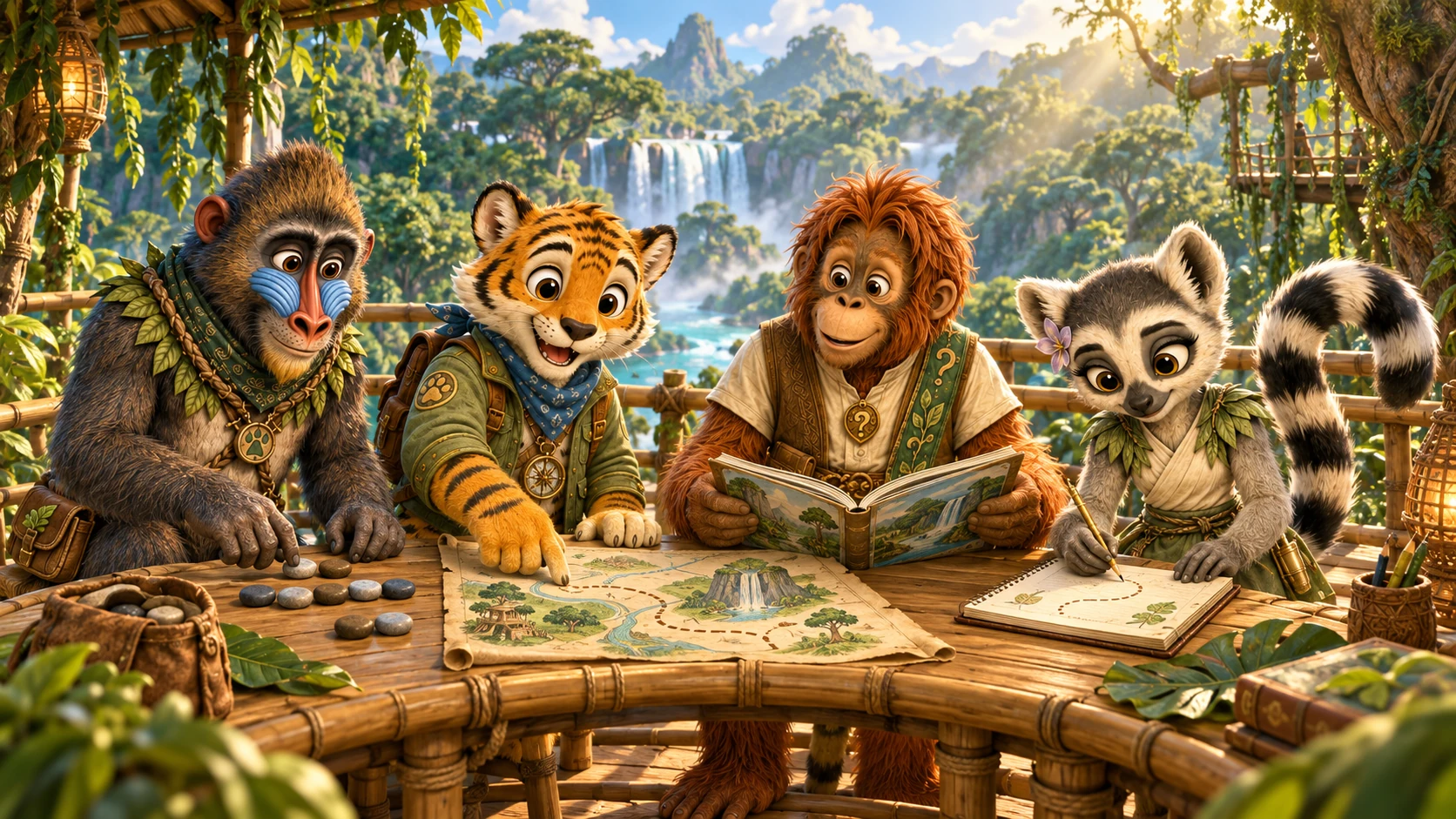 Tully Tiger, Marco Mandrill, Otto Orangutan, Lumi Lemur share a learning adventure in Jungle World