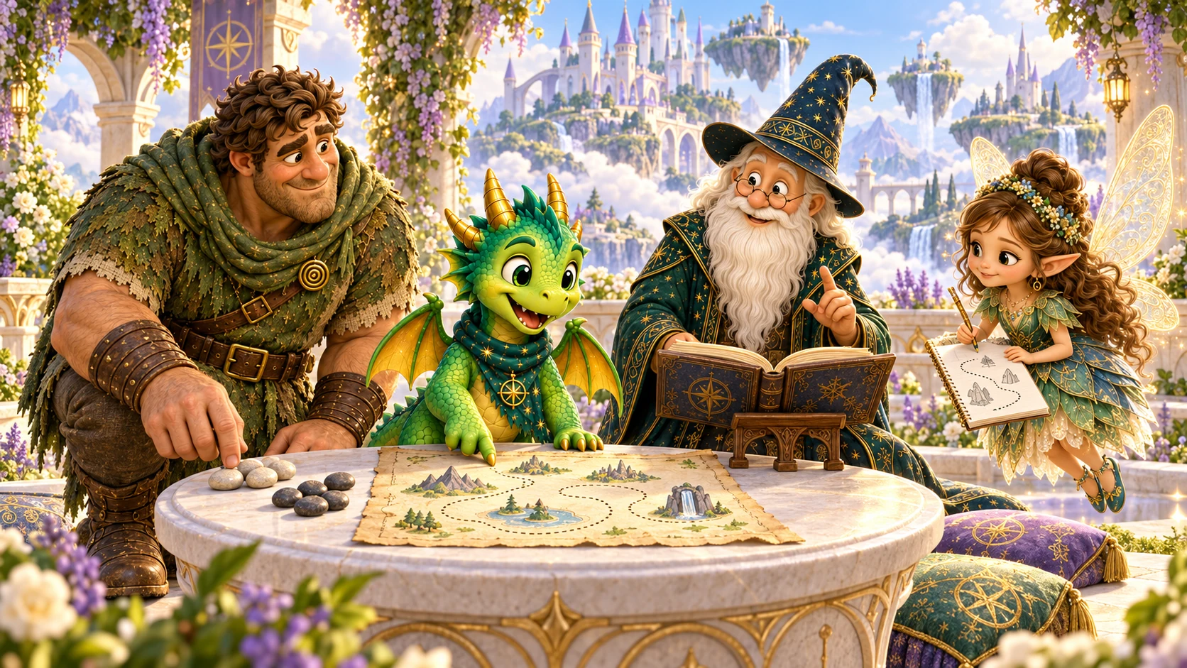 Dazlo Dragon, Gino Giant, Warren Wizard, Faye Fairy share a learning adventure in Mythical World