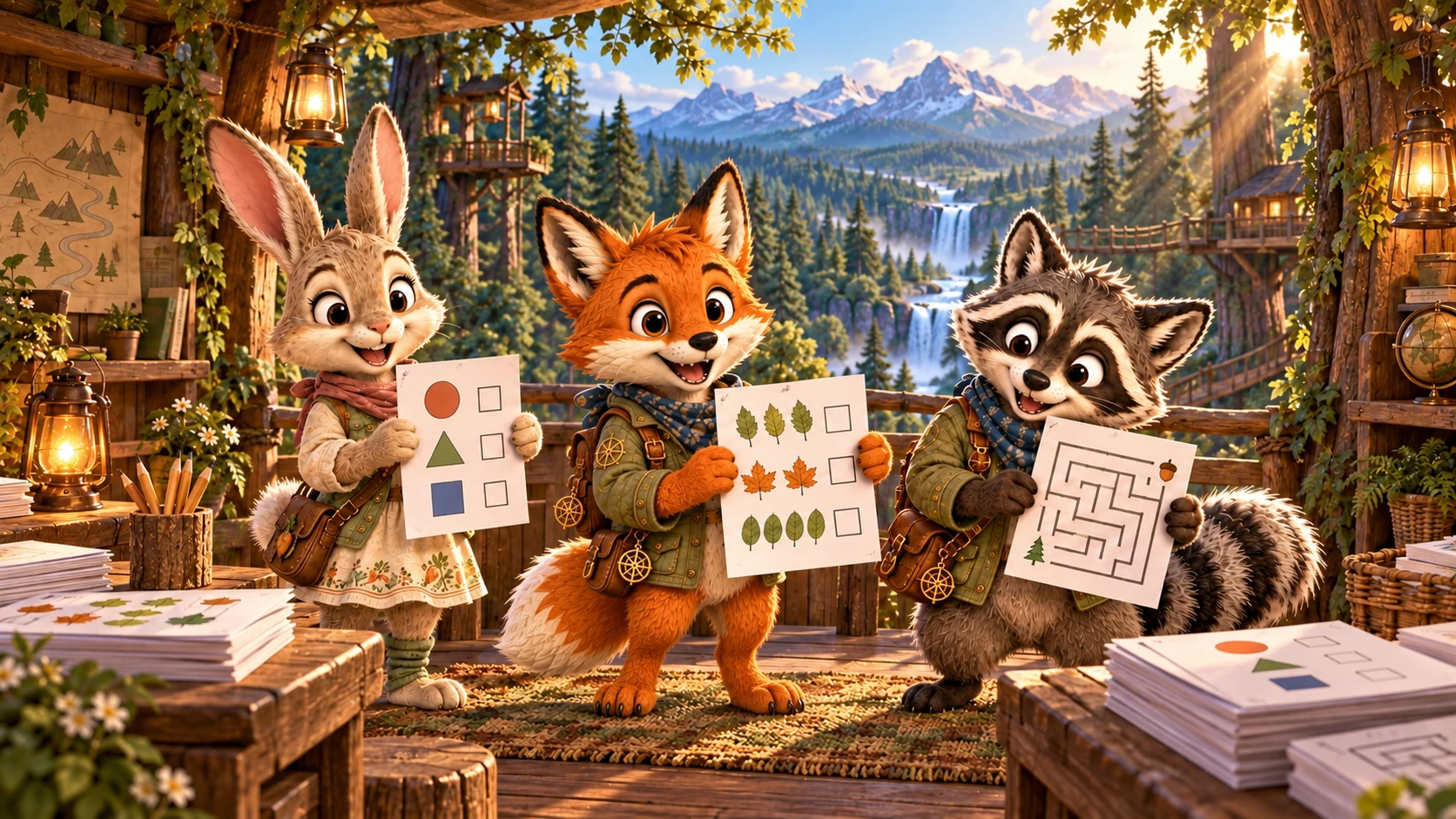 Foley Fox, Rizzy Raccoon and Rya Rabbit hold worksheets beside stacks of worksheet packs in a sunlit forest studio