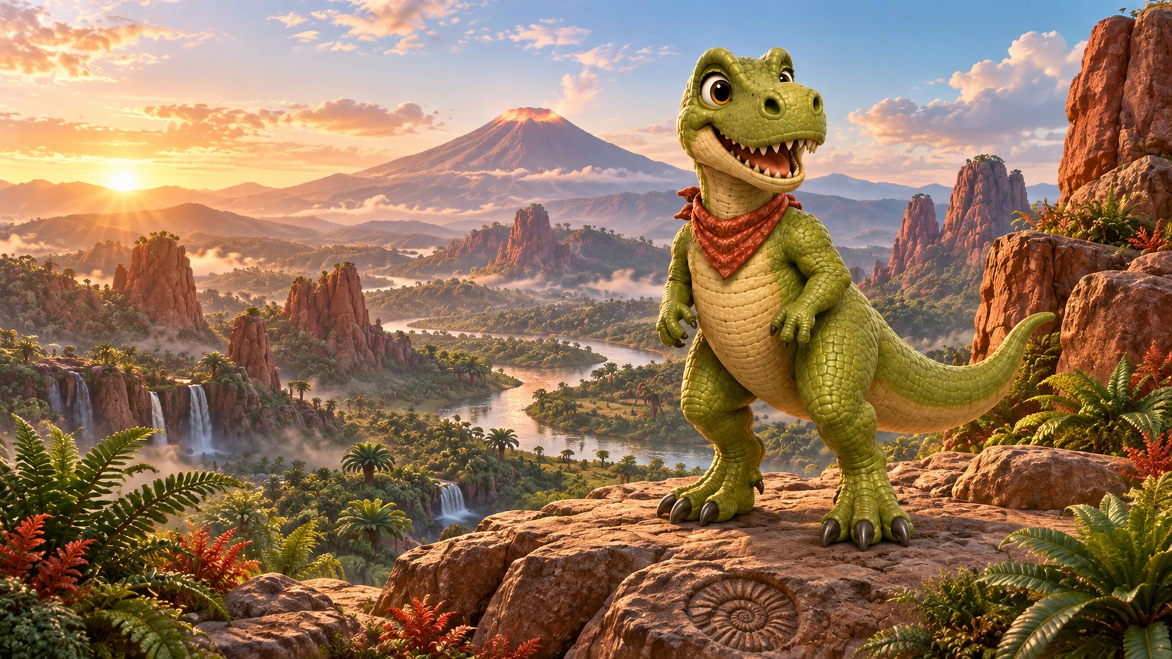 Tucker overlooking a prehistoric valley at sunset
