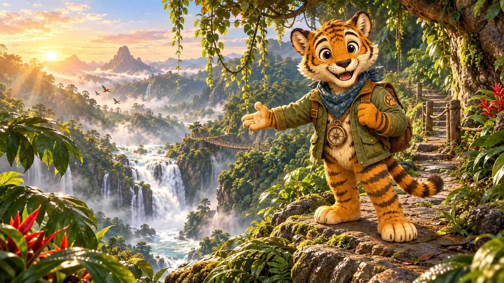 Tully overlooking a lush jungle and waterfalls