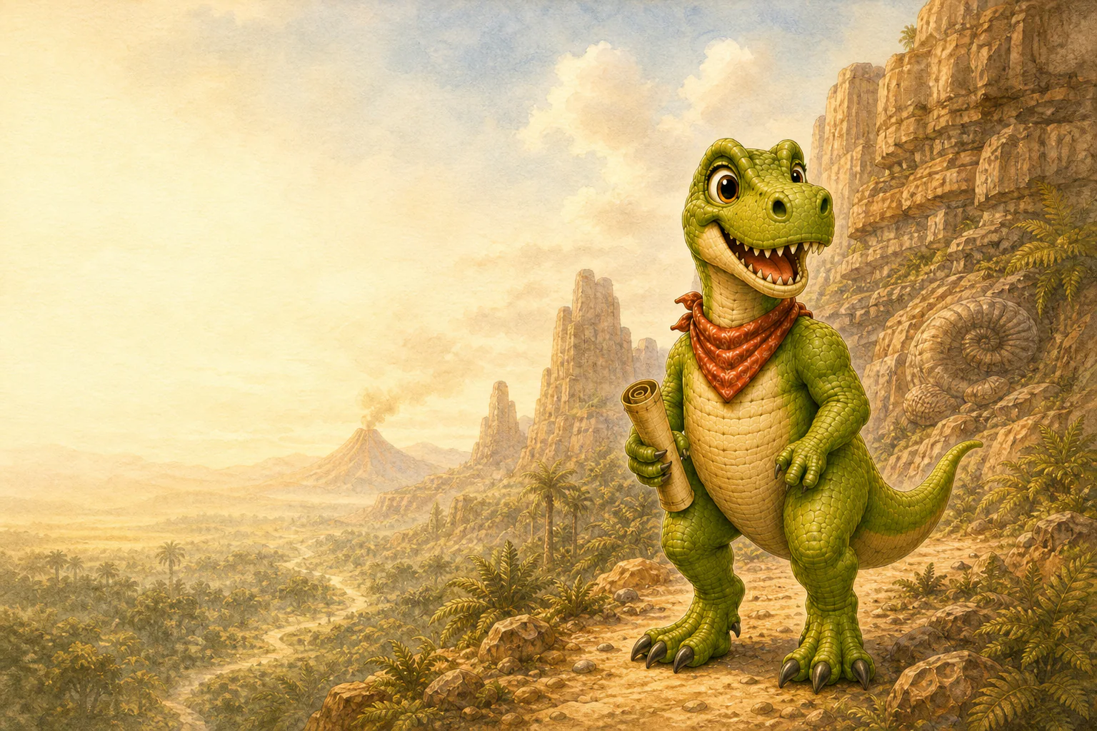 Tucker T-Rex holds a rolled map beside a fossil cliff overlooking an ancient fern valley at dawn.