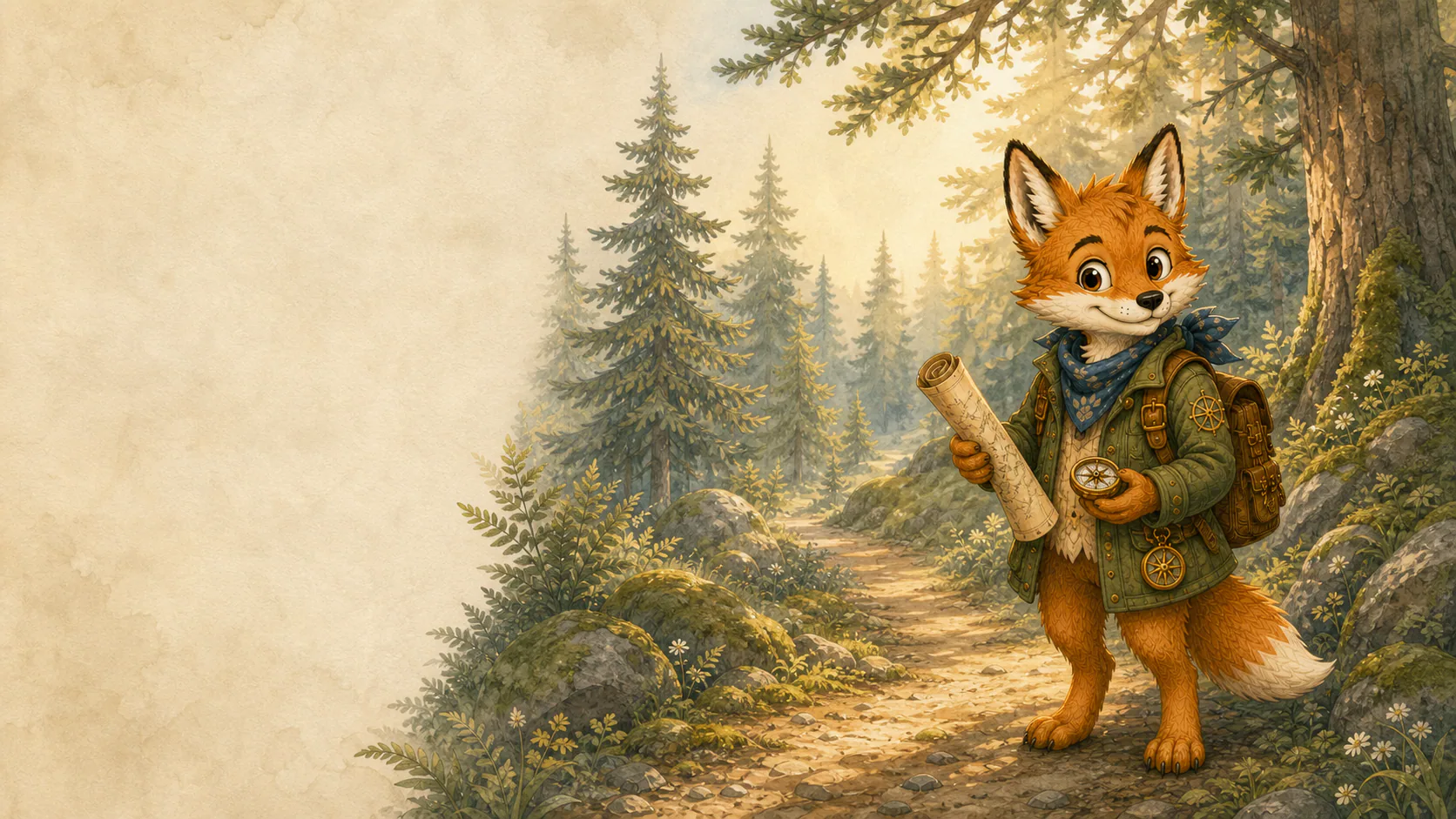 Foley Fox studies a trail map and compass on a sunlit woodland path, with open parchment-toned space to the left.