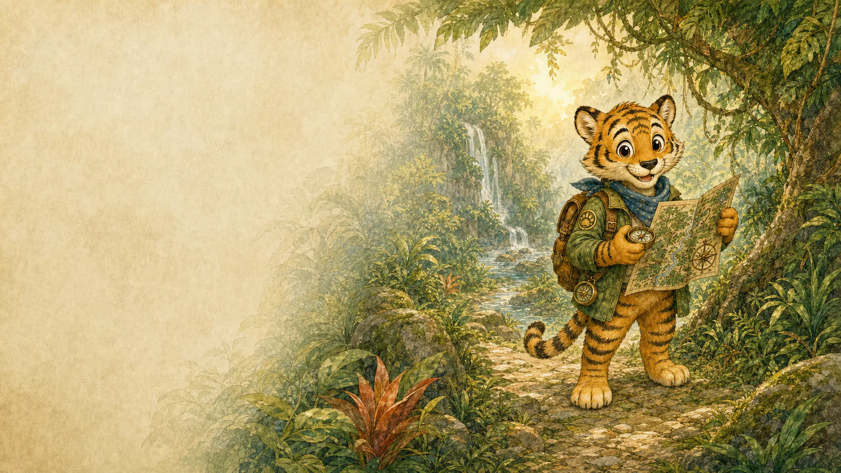 Tully Tiger checks a jungle map and compass near a waterfall, with open parchment-toned space to the left.