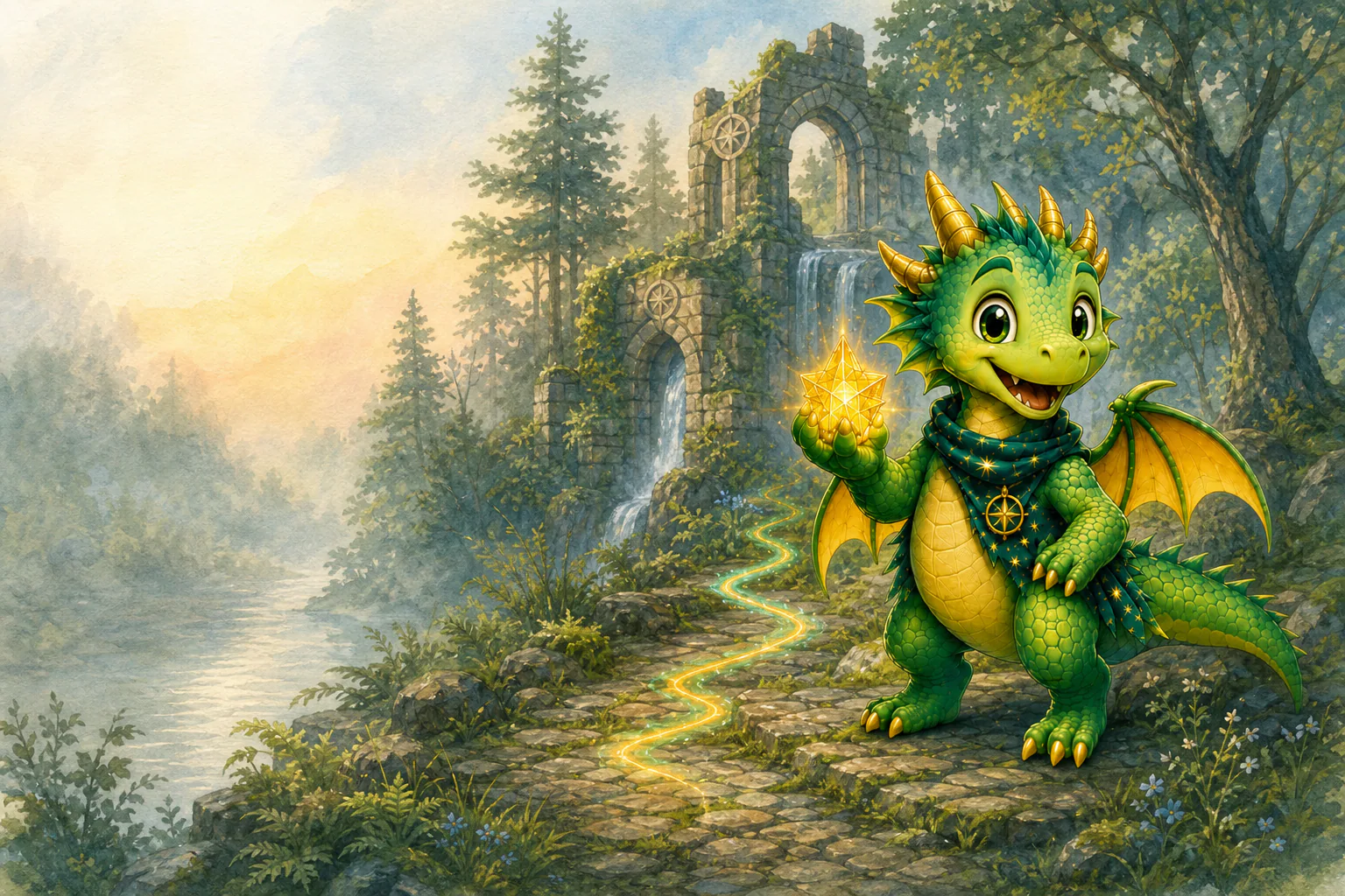 Dazlo Dragon holds a small golden trail light beside hidden woodland ruins and a waterfall.