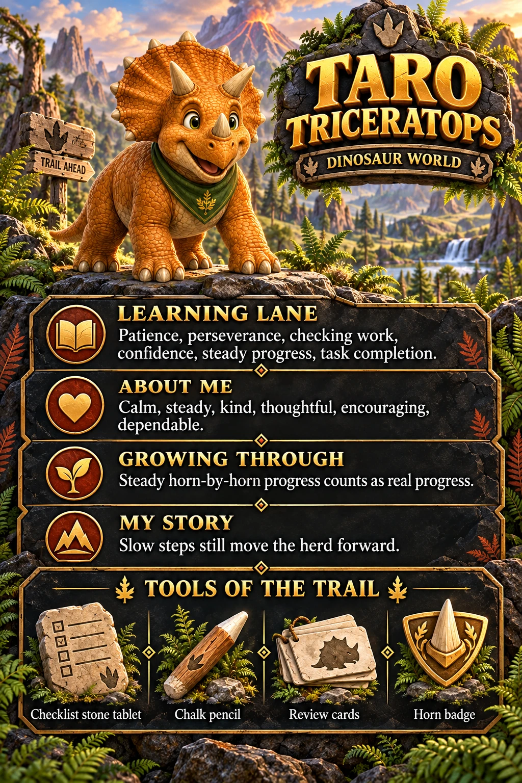 Taro Triceratops: Mindset and review. Character profile and illustrated learning tools.