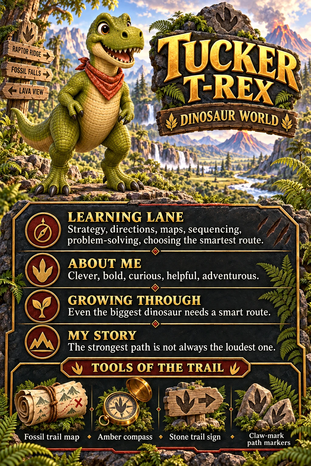 Tucker T-Rex: Navigation and strategy. Character profile and illustrated learning tools.