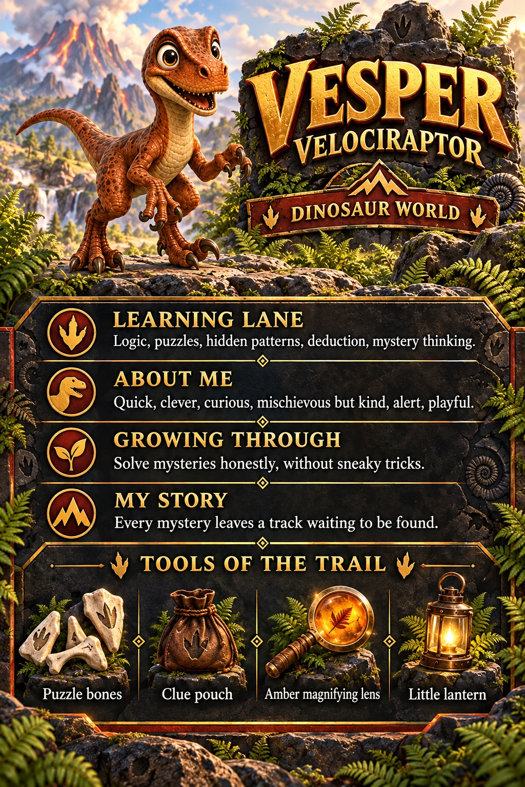 Vesper Velociraptor: Puzzles and deduction. Character profile and illustrated learning tools.