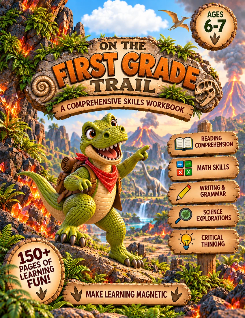 On the First Grade Trail · Dinosaur World workbook cover