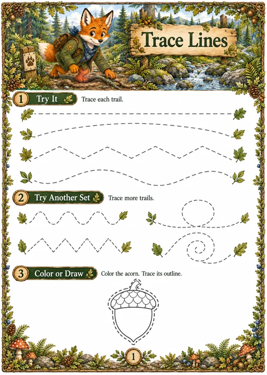 Trace Lines — Kindergarten pencil control worksheet, page 1