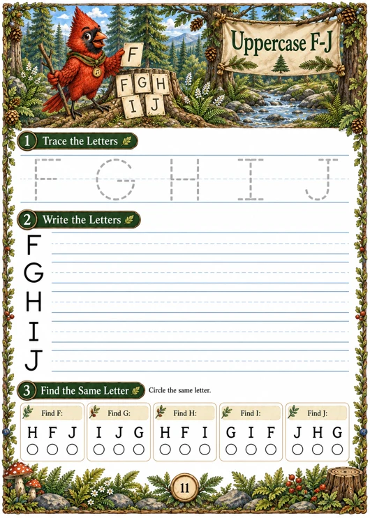 Uppercase F–J — Kindergarten letter formation worksheet, page 11