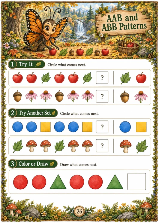 AAB and ABB Patterns — Kindergarten repeating patterns worksheet, page 26