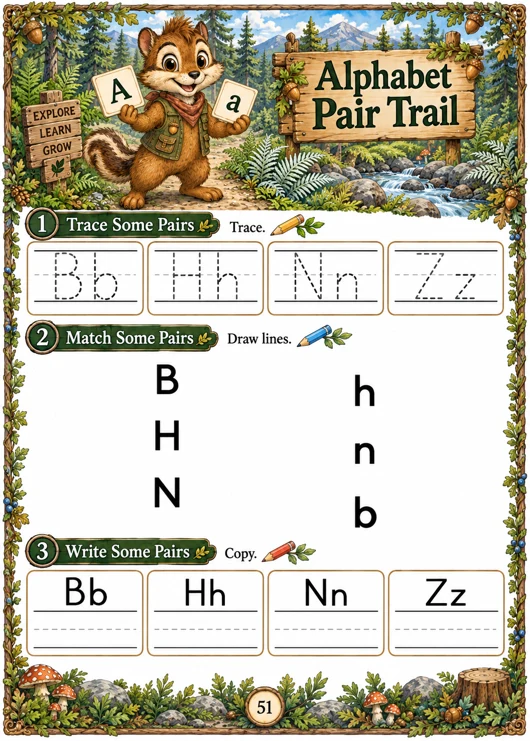 Alphabet Pair Trail — Kindergarten alphabet matching worksheet, page 51