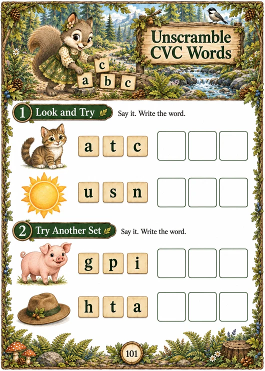 Unscramble CVC Words — Kindergarten early phonics worksheet, page 101